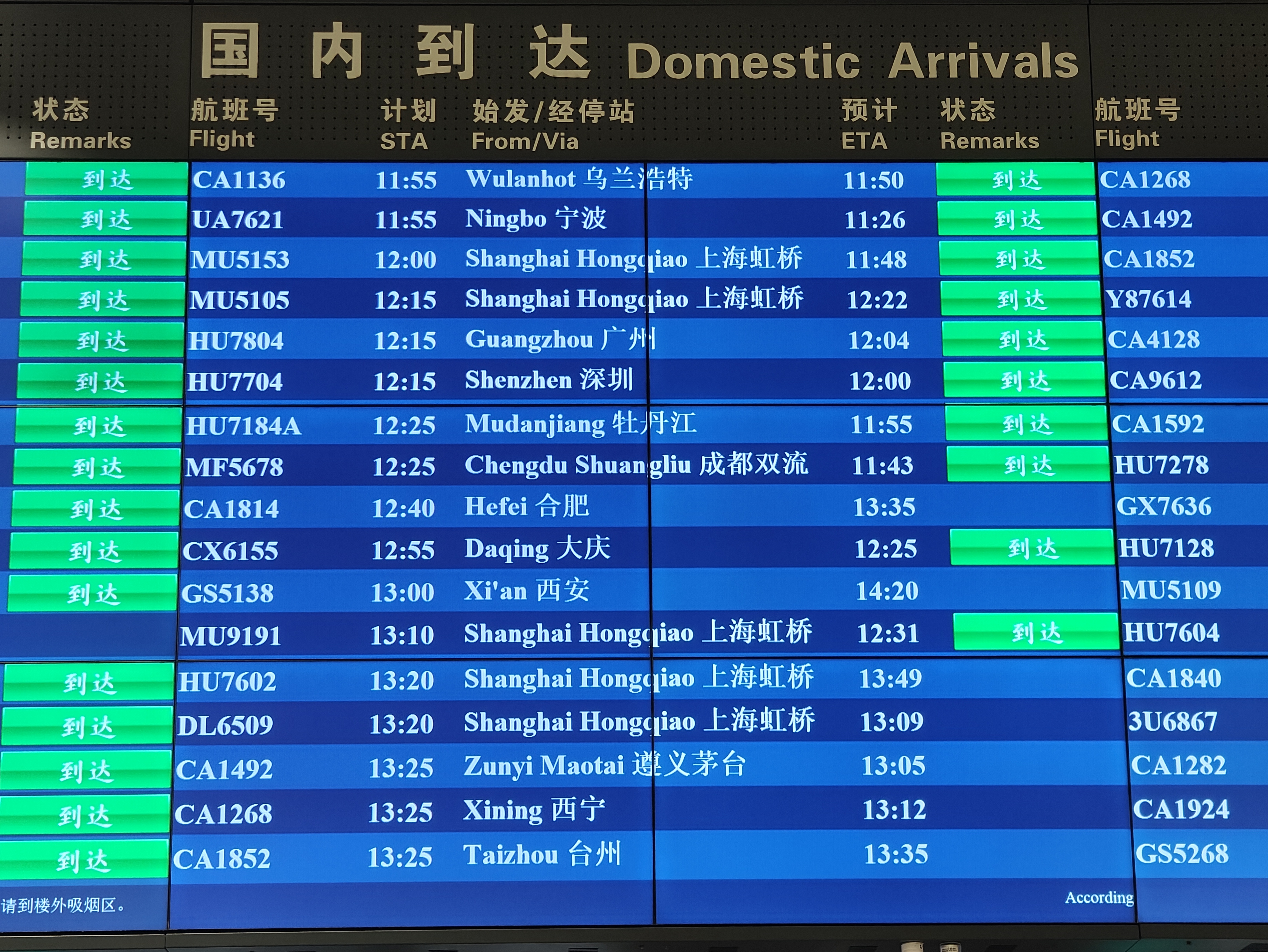 首都機(jī)場(chǎng)大屏顯示，MU9191航班于12:31順利到達(dá)。人民網(wǎng)記者 夏曉倫攝