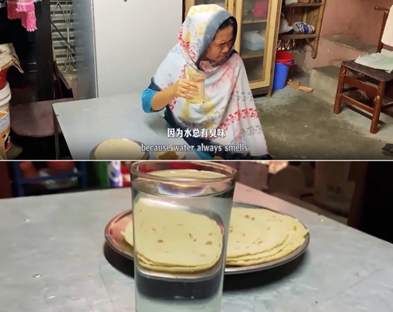 圖為紀(jì)實(shí)短片截圖：上圖為水質(zhì)未改善前，飲用水發(fā)黃渾濁；下圖為水廠建成后，飲用水水質(zhì)明顯改善，清澈透明。