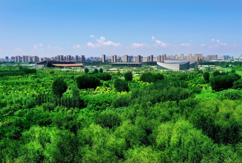 北京東方化工廠舊址建成的綠心公園草木蔥蘢。（馬文曉 攝）