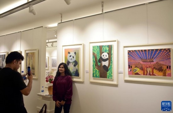 11月22日，在孟加拉國達(dá)卡，人們在“國家印象”繪畫展上參觀拍照。新華社發(fā)（薩利姆攝）