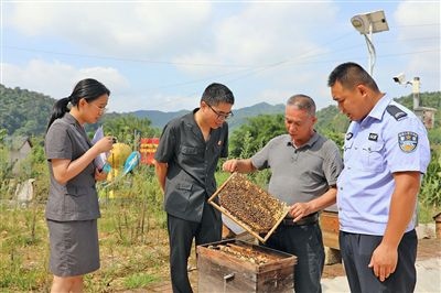  圖②：蒙山法院黃村法庭法官深入蜂蜜合作社，實(shí)地了解蜂農(nóng)需求。