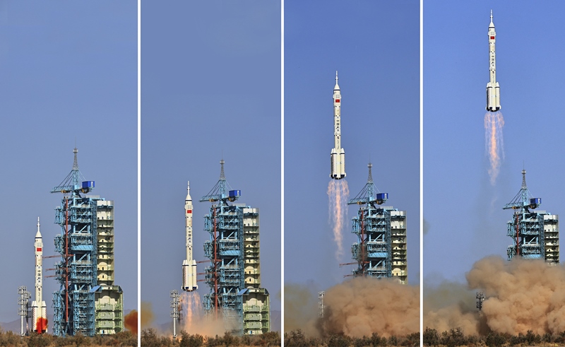 2023年10月26日，神舟十七號(hào)載人飛船發(fā)射升空過(guò)程（拼版照片）
