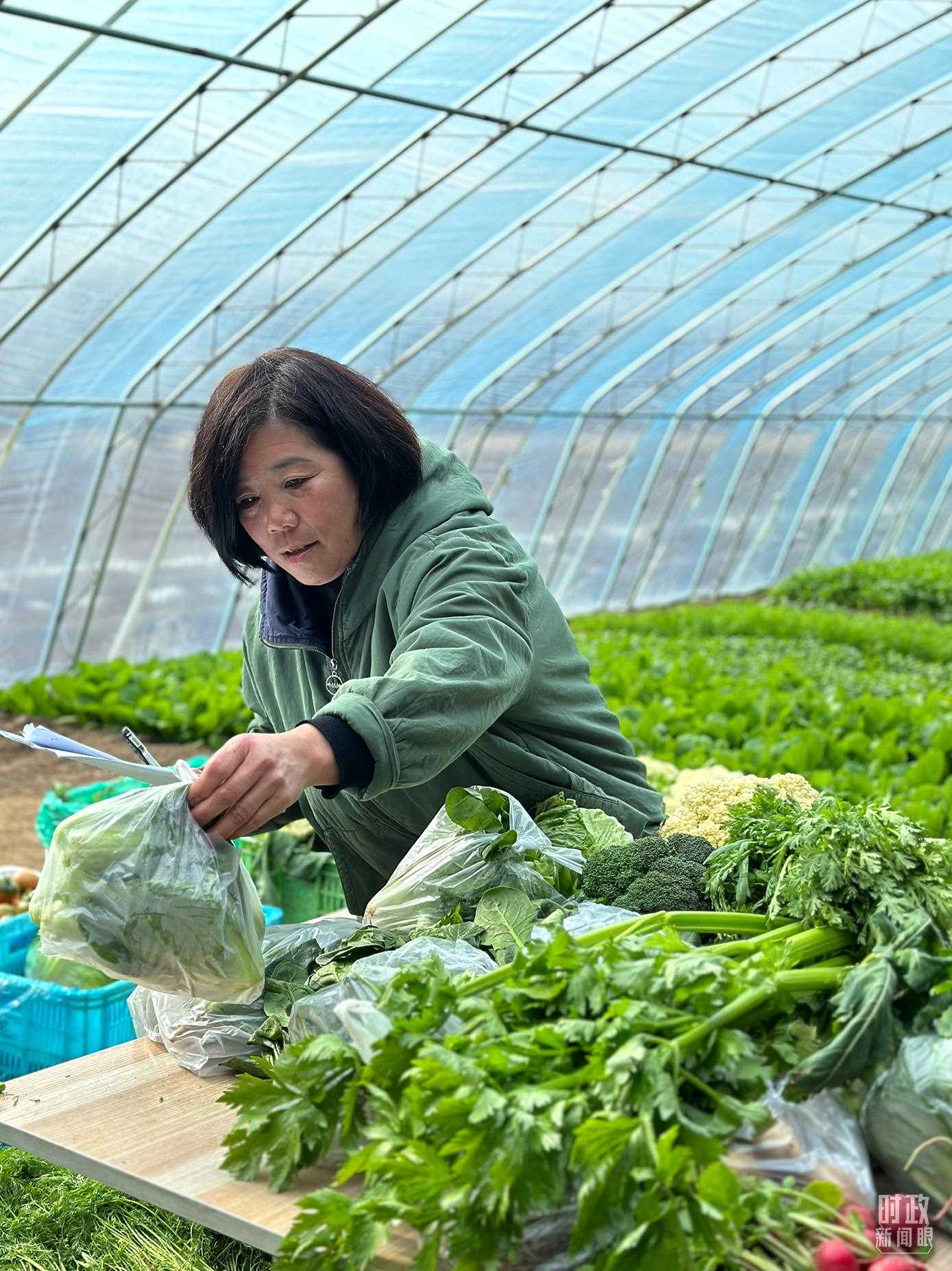 △第六埠村村民正在打包分裝蔬菜。（總臺(tái)央視記者盧心雨拍攝）