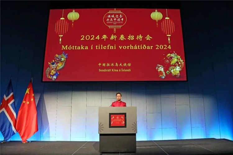 中國駐冰島大使何儒龍致辭。中國駐冰島大使館供圖