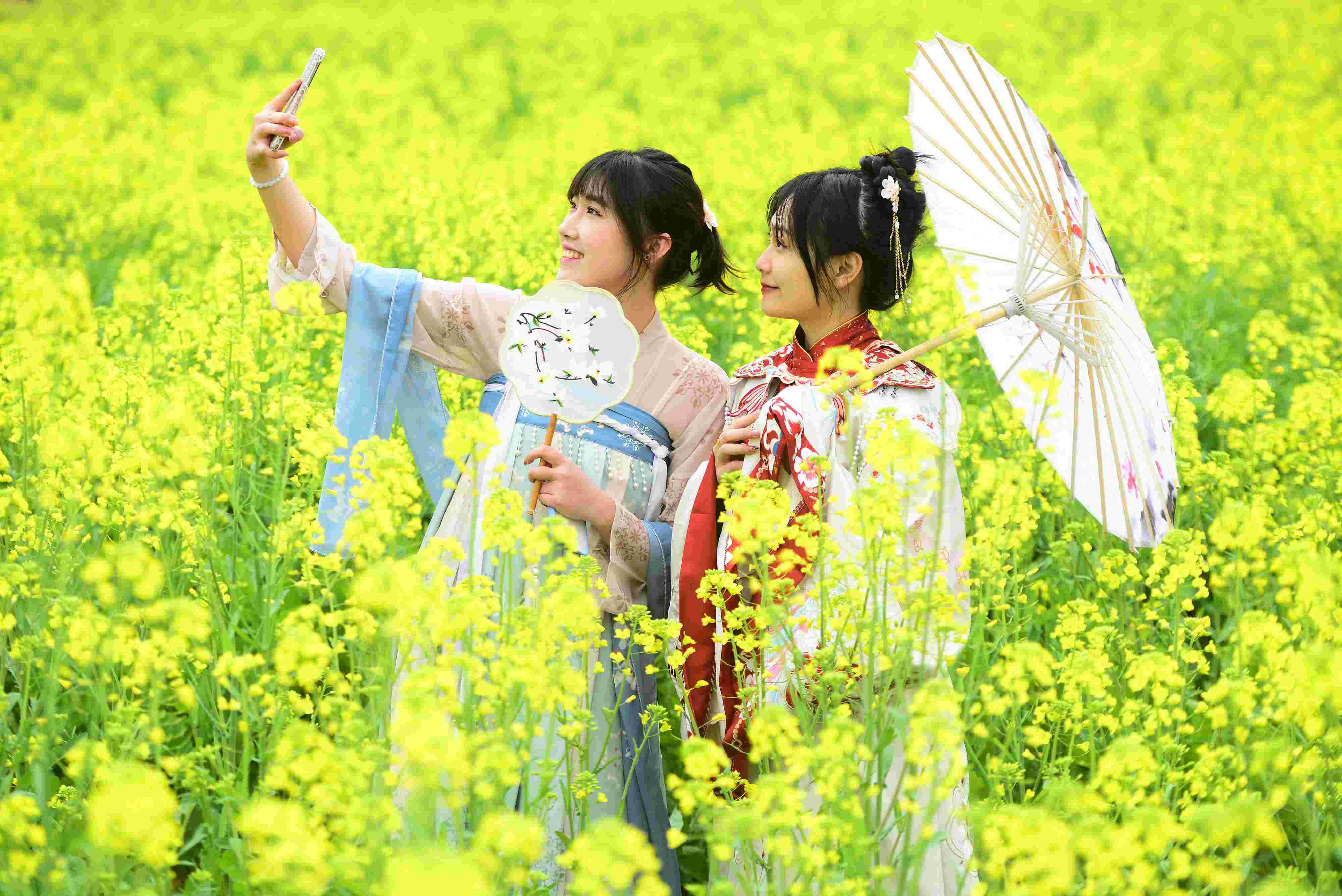 △ 2024年2月16日，廣西賀州，在富川瑤族自治縣麥嶺鎮(zhèn)三民村，游客在油菜花田間賞花拍照。