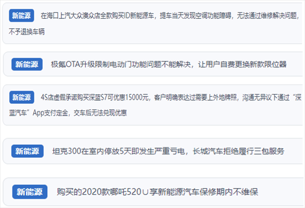 “人民投訴”用戶吐槽新能源汽車(chē)功能障礙多發(fā)、升級(jí)后配套服務(wù)跟不上、虛假優(yōu)惠、保修期內(nèi)不維保的問(wèn)題。（“人民投訴”平臺(tái)截圖）
