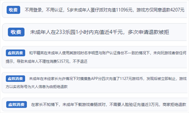 “人民投訴”用戶舉報(bào)身份認(rèn)證成擺設(shè)、大額充值無(wú)提醒、提供證據(jù)被駁回、商家設(shè)置退款障礙等未成年人網(wǎng)游消費(fèi)亂象。（“人民投訴”平臺(tái)截圖）