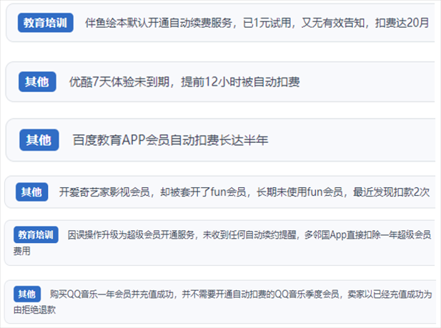 “人民投訴”用戶投訴部分App未征得用戶同意擅自開(kāi)啟自動(dòng)扣續(xù)費(fèi)、以免費(fèi)試用誘導(dǎo)充值、私自為用戶套開(kāi)會(huì)員等侵權(quán)行為。（“人民投訴”平臺(tái)截圖）