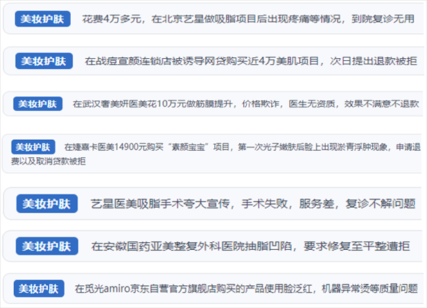 “人民投訴”用戶舉報(bào)醫(yī)美未達(dá)預(yù)期效果或?qū)е律眢w損傷退款遭拒、機(jī)構(gòu)及服務(wù)人員虛假資質(zhì)、被誘導(dǎo)高額醫(yī)美貸、網(wǎng)購(gòu)美容儀器質(zhì)量不過(guò)關(guān)等問(wèn)題。（“人民投訴”平臺(tái)截圖）