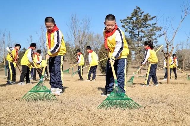 △2024年3月12日，北京城市綠心森林公園，參加植樹節(jié)主題活動的學(xué)生們學(xué)習(xí)義務(wù)植樹知識，并進(jìn)行現(xiàn)場撫育管護(hù)。