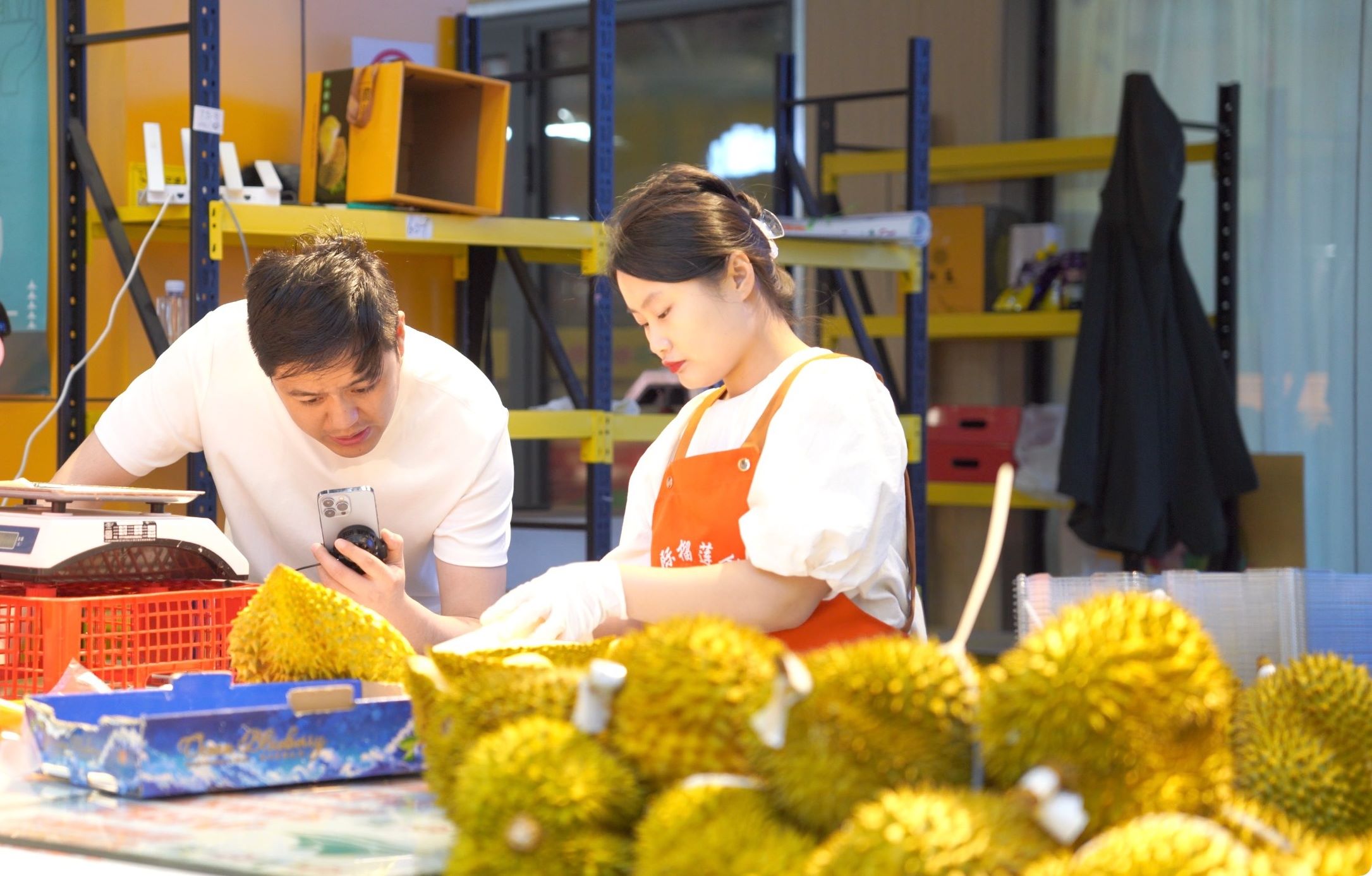 榴蓮商家正在通過手機直播銷售榴蓮。人民網(wǎng)記者申佳平 攝