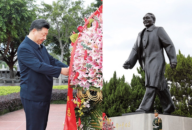 2020年10月14日，深圳經(jīng)濟(jì)特區(qū)建立40周年慶祝大會在廣東省深圳市隆重舉行。中共中央總書記、國家主席、中央軍委主席習(xí)近平在會上發(fā)表重要講話。這是當(dāng)天下午，習(xí)近平來到蓮花山公園，向鄧小平同志銅像敬獻(xiàn)花籃。 新華社記者 王曄/攝