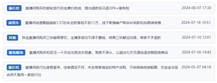 近期網(wǎng)友涉及直播購物相關(guān)投訴問題。（“人民投訴”用戶投訴截圖）