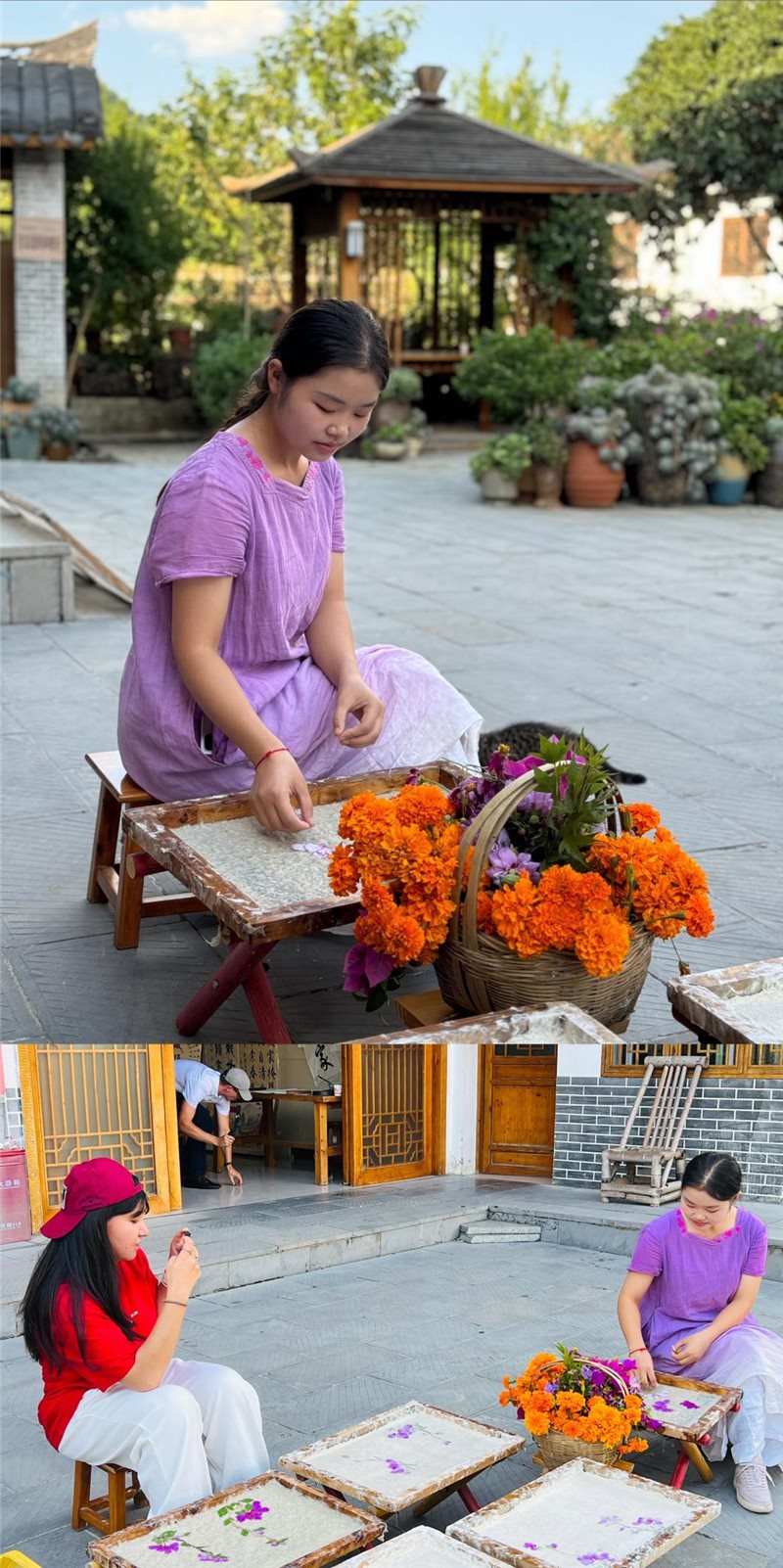 沒有女生不愛花。以古法造紙技藝為基礎(chǔ)，再輔以花草枝葉勾勒各式圖案，創(chuàng)作出花茂村獨(dú)具特色的紙漿壓花畫，少女手中的花是她眼中的風(fēng)景，而她與正在制作的紙漿壓花畫也是別人眼中的風(fēng)景。（哈薩克斯坦BAQ通訊社高級記者古爾詹·拉曼庫洛娃、張亞欣攝）
