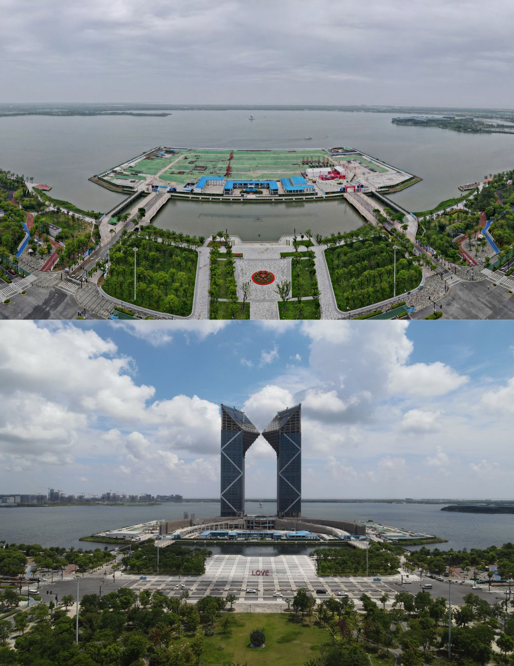 拼版照片：空中俯瞰中國（上海）自由貿(mào)易試驗區(qū)臨港新片區(qū)滴水湖西島中銀金融中心項目現(xiàn)場（上圖為2021年6月20日攝，無人機照片；下圖為2024年8月14日攝，無人機照片）。2019年8月20日，臨港新片區(qū)揭牌成立，一個開放新高地在長江與東海交匯處日益崛起。