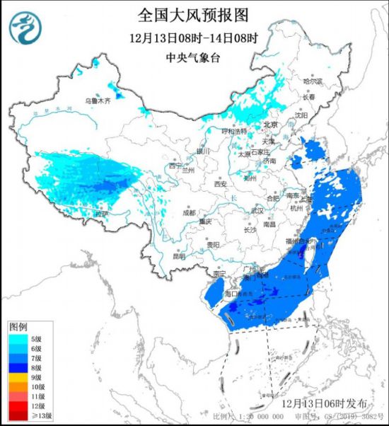 全國(guó)大風(fēng)預(yù)報(bào)圖(12月13日08時(shí)-14日08時(shí)) 圖片來源：中央氣象臺(tái)網(wǎng)站
