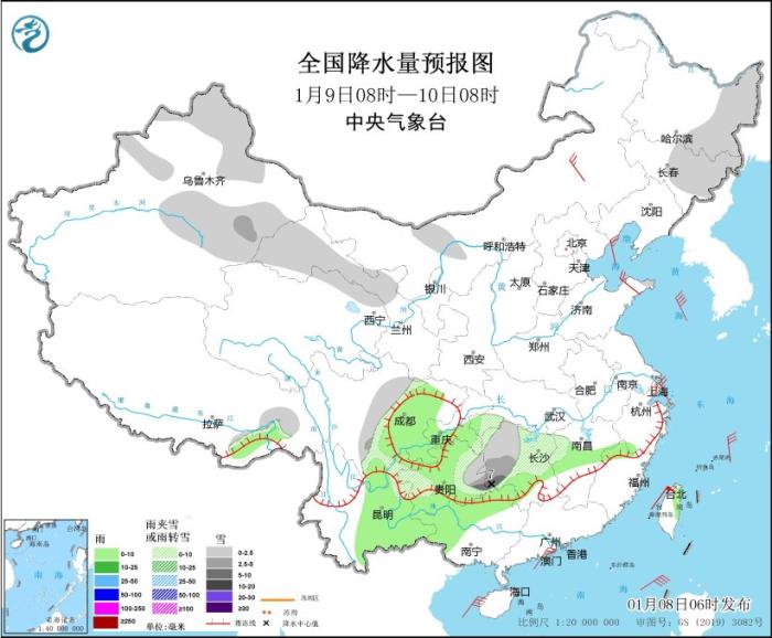 圖3 全國降水量預報圖(1月9日08時-10日08時)