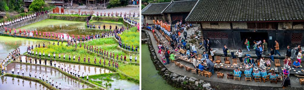 左圖：近期，人們?cè)诶杵娇h肇興侗寨的田園里演唱侗族大歌（黎平縣委宣傳部供圖）；右圖：這是2023年拍攝的十八洞村長(zhǎng)桌宴（湘西州委宣傳部供圖）。