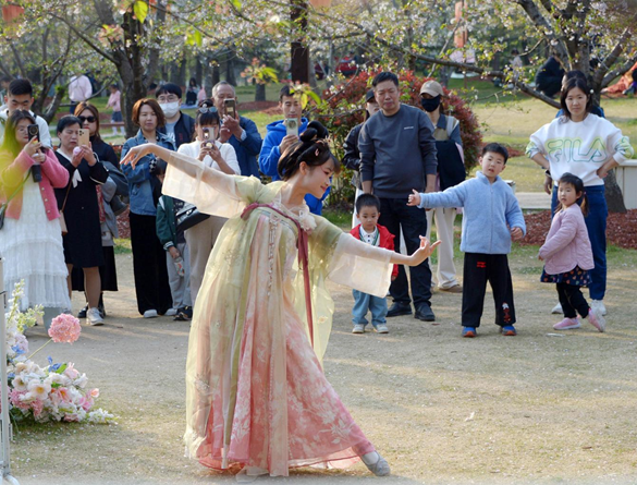 清明假期期間，上海顧村公園櫻花島上，游客在觀賞國風漢服快閃表演。（圖片來源：視覺中國）