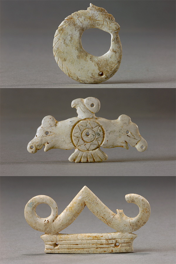玉龍（上）、玉鷹（中）和玉冠飾（下）。國(guó)家文物局供圖