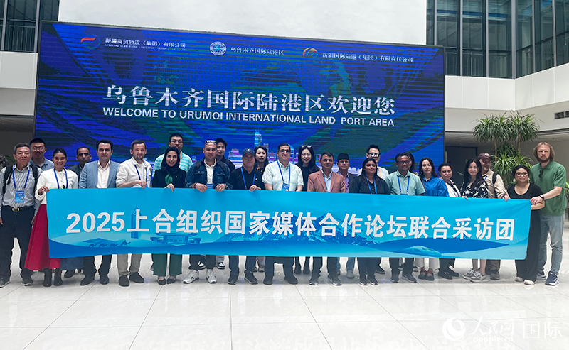 5月26日，外國媒體人在烏魯木齊國際陸港區(qū)合影留念。 人民網(wǎng)記者 翟轉麗攝