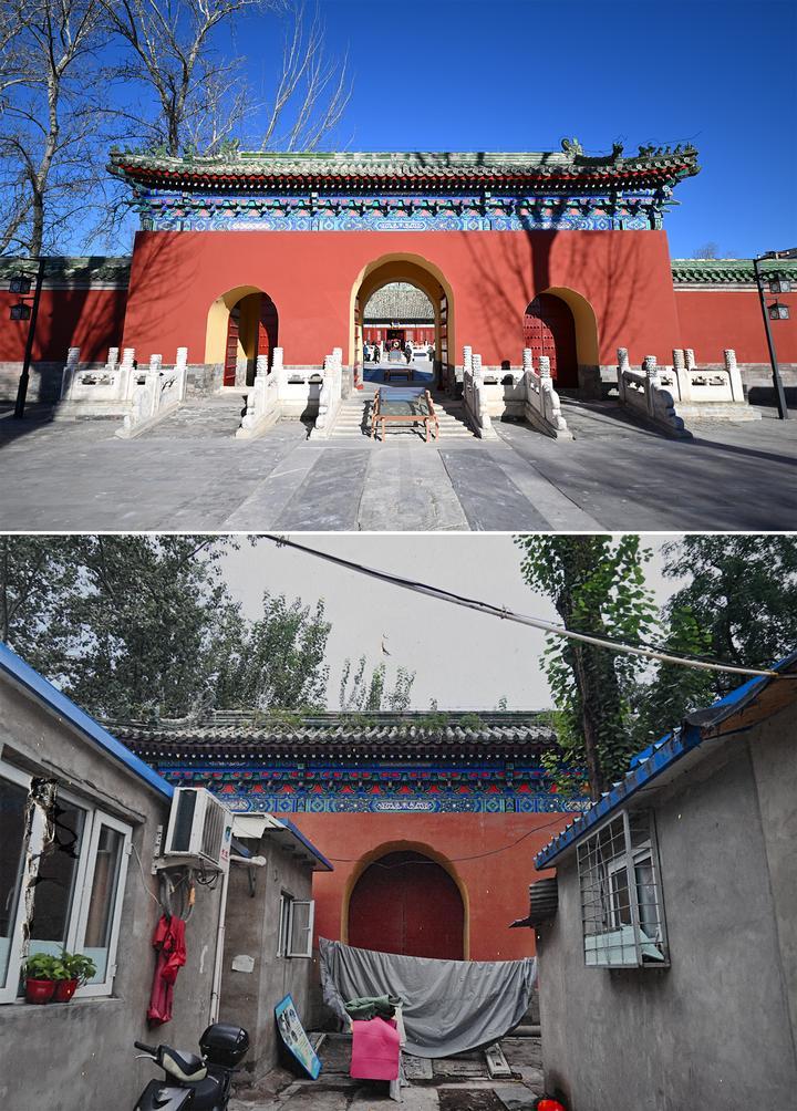 位于先農(nóng)壇內(nèi)的慶成宮，曾長(zhǎng)時(shí)間被雜亂的民居占據(jù)。在北京中軸線申遺保護(hù)工作的帶動(dòng)下，北京完成了慶成宮區(qū)域文物征收騰退、非文物建筑拆除、彩畫保護(hù)、本體修繕、展覽布陳等，讓560多年歷史的古建群重新回歸。2024年12月，北京中軸線上先農(nóng)壇內(nèi)的慶成宮首次面向社會(huì)公眾開放。上圖為騰退修繕后的慶成宮內(nèi)宮門（資料照片）；下圖為翻拍的慶成宮內(nèi)宮門騰退修繕前的資料照片（2024年12月21日攝）。